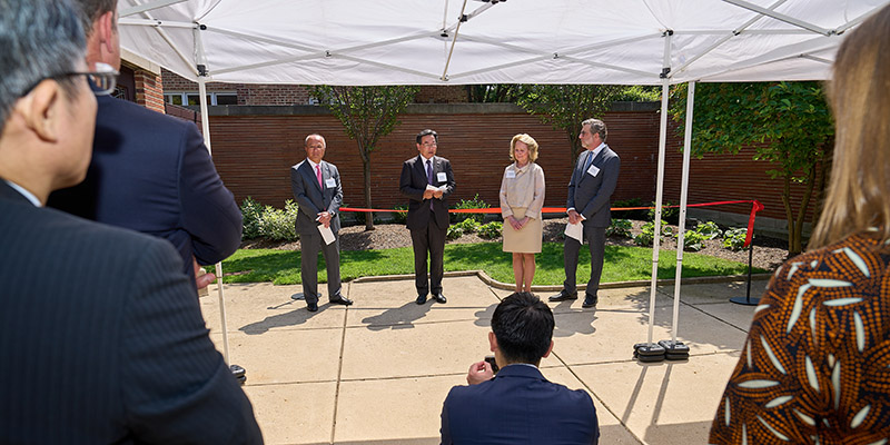 From left) Hideya Sadayasu, President of the Imperial Hotel, Ltd., Hiroshi Tajima, Consul-General of Japan, Chicago, Celeste Adams, President & CEO, FLW Trust, and John Rafkin, Chairman of the Board, FLW Trust