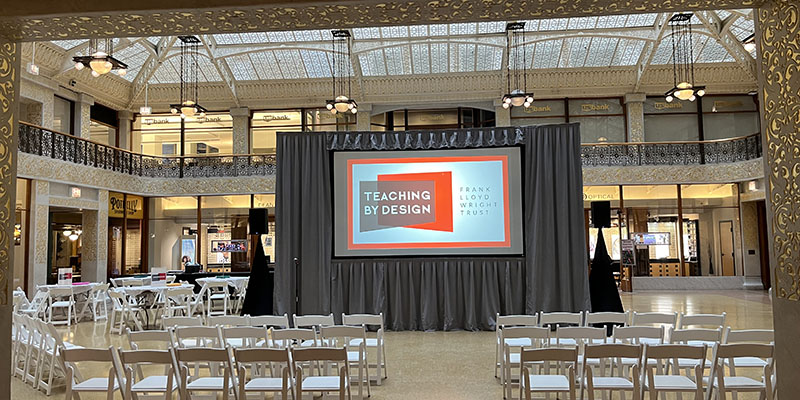 Photo of the first Evenings for Educators event hosted in the Light Court of the Rookery in downtown Chicago.