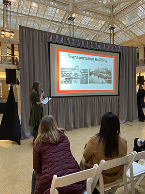 Education Coordinator Helen Kinskey discussing the Transportation Building from the 1893 World’s Columbian Exposition at the Evenings for Educators event. 