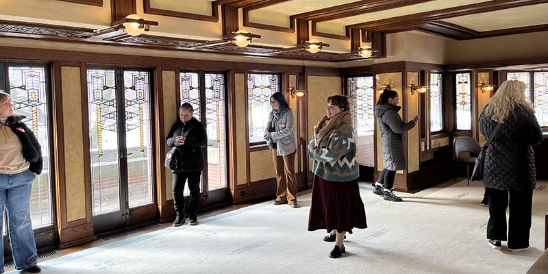 Education Manager Channing Tackaberry gives educators a moment to sketch and take notes during a tour at Robie House.