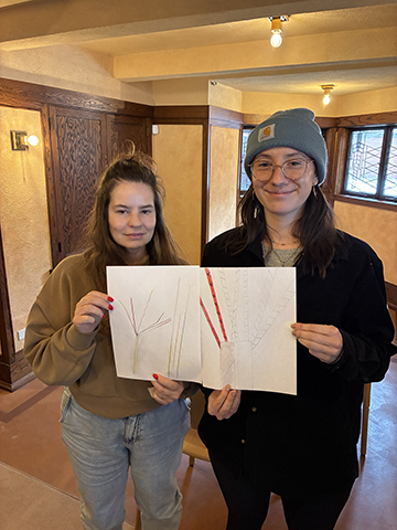 Educators pair up and compare their abstract sketches of bluestem grass, a native Prairie plant.