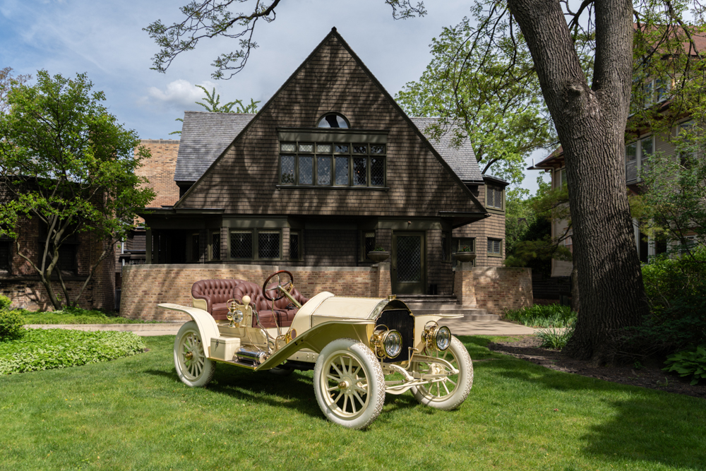 A 1908 Stoddard-Dayton Model K in front of Wright’s Home
