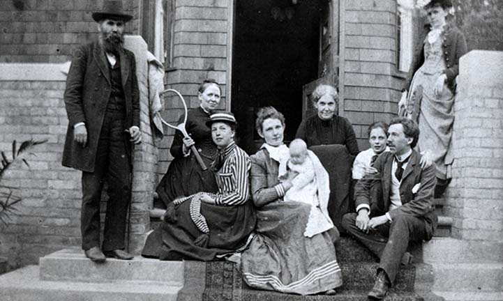 The Wright family on the front steps of the Oak Park home, ca. 1890